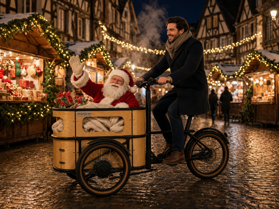 Der Weihnachtsmann in einem minica-Lastendreirad in einer Weihnachtsmarktszene