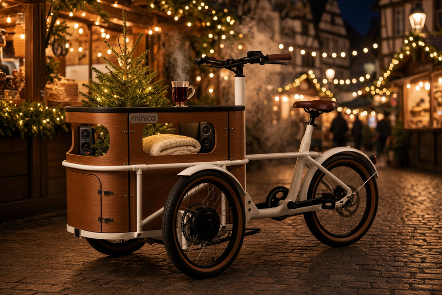 minica-Lastendreirad aus Holz unter den Lichtern des Weihnachtsmarkts