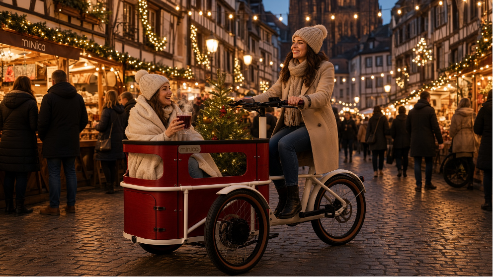 Zwei Fahrerinnen auf einem roten Minica-Lastenrad mit Glühwein zwischen den beleuchteten Hütten des Straßburger Weihnachtsmarkts bei Nacht