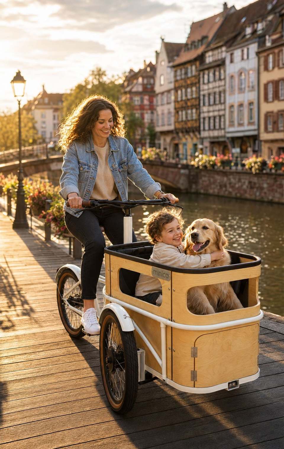 Eine Familie transportiert Kind und Hund mit dem minica E-Lastenrad.