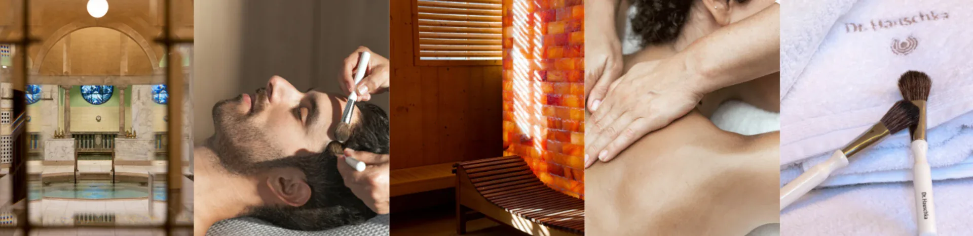 Die Behandlungen in den Bains Municipaux: römisches Bad durch ein Fenster, eine Gesichtspflege, die Salzgrotte, eine Rückenmassage und Dr.-Hauschka-Handtücher