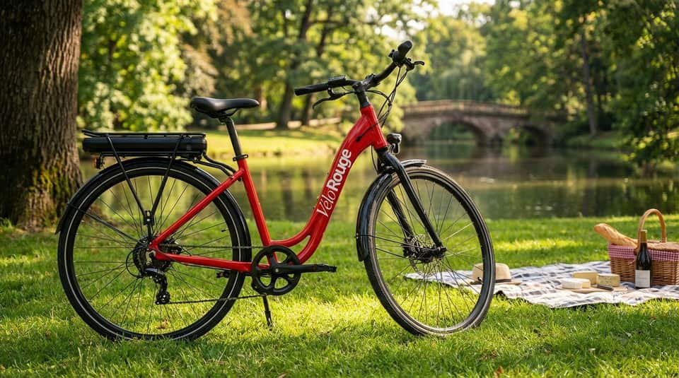 Ein rotes VéloRouge E-Bike, stunden- oder tageweise in Straßburg mietbar.