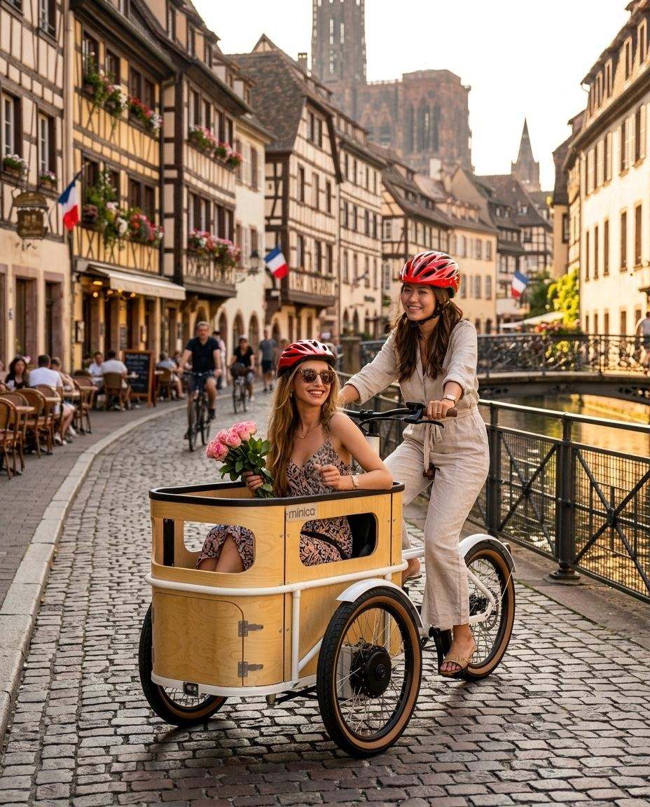 Cool Cargo E-Bike — Zwei Fahrer auf einem minica E-Lastendreirad an einem Straßburger Kanal.