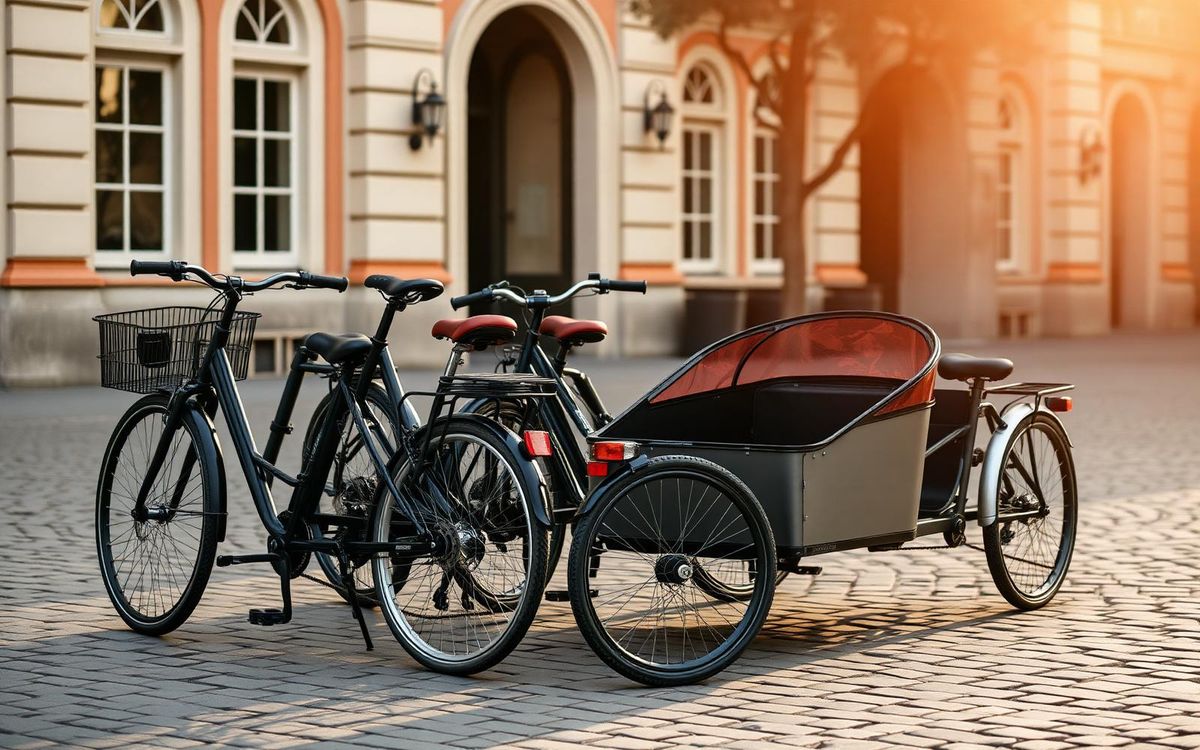 Eine Reihe von Familien-Lastenrädern und ein Frontbox-Lastenrad, geparkt auf einem europäischen Stadtplatz im Morgenlicht