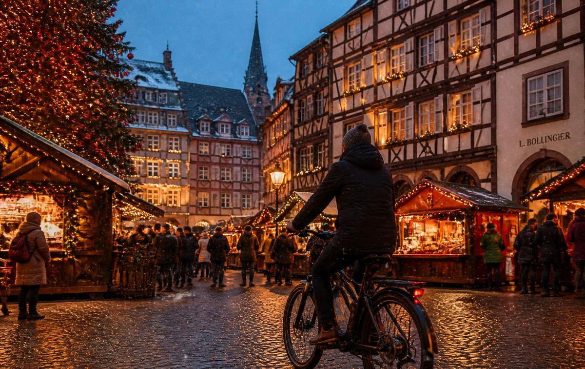 Der Straßburger Weihnachtsmarkt in der Dämmerung mit beleuchteten Holzhütten und einem Radfahrer, der den Platz überquert