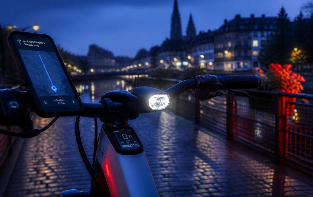 Nahaufnahme eines vernetzten E-Bike-Cockpits zur blauen Stunde auf einer Straßburger Kanalbrücke, LED-Scheinwerfer eingeschaltet und GPS-Karte auf dem Display