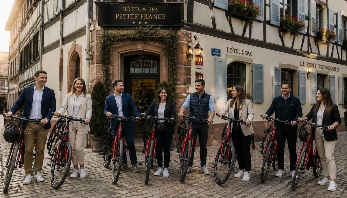 Eine Firmengruppe in Smart-Casual-Kleidung mit roten E-Bikes vor einem Straßburger Boutique-Hotel