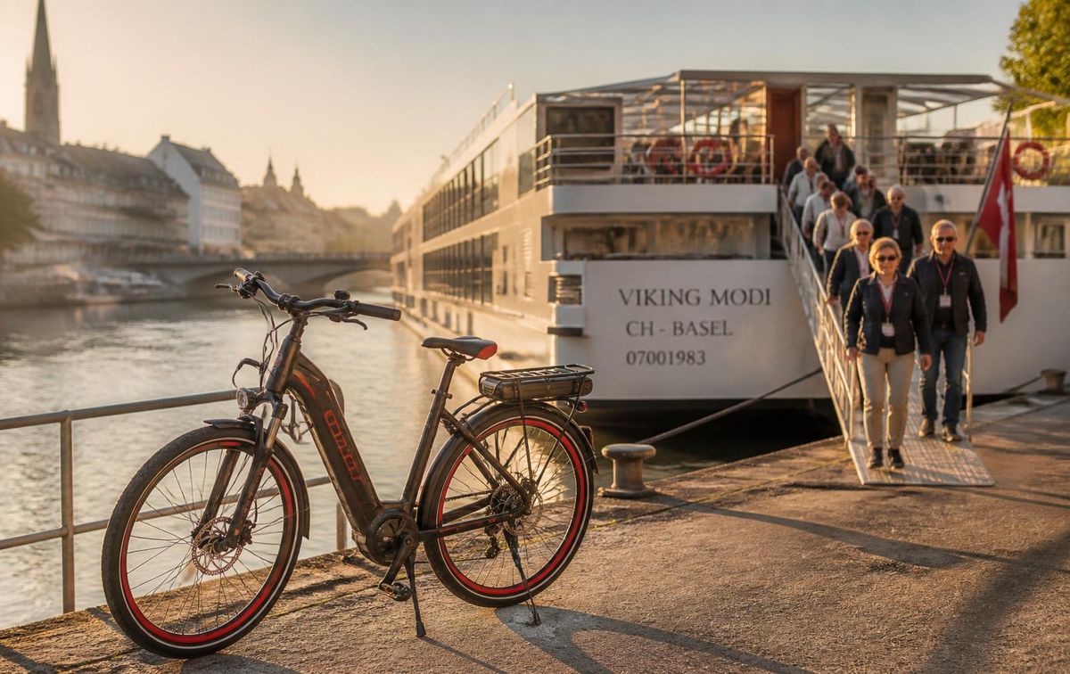 Ein Flusskreuzfahrtschiff liegt zur goldenen Stunde am Straßburger Kai, im Vordergrund ein geparktes E-Bike