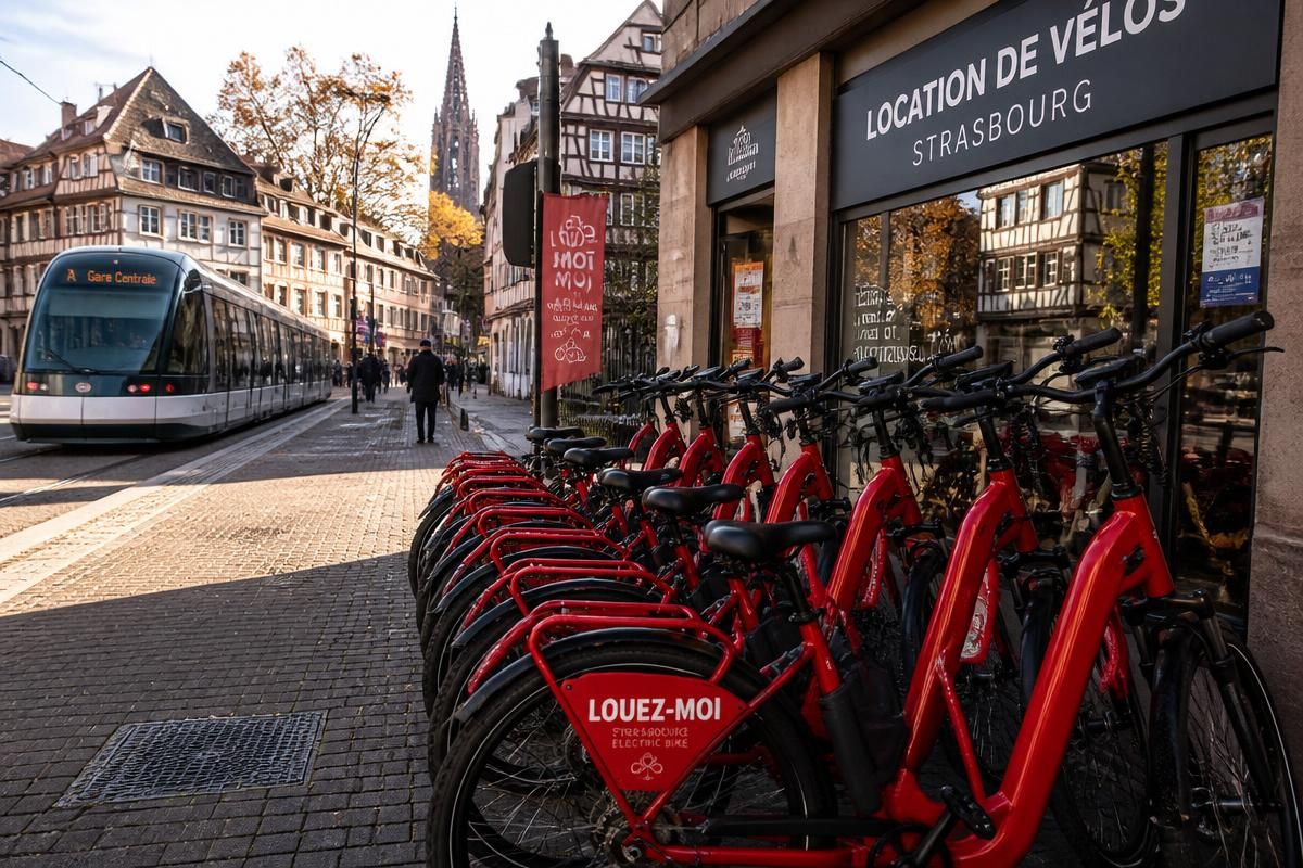 Rote E-Bikes stehen vor einem Fahrradverleih in Straßburg, dahinter eine Tram und die Kathedrale