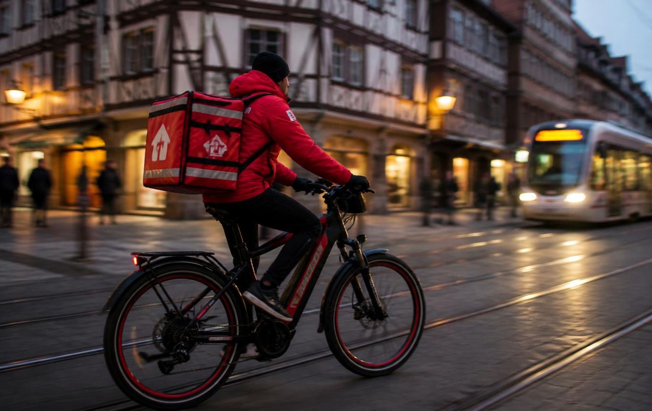 Ein Lieferfahrer mit rotem Thermorucksack fährt in der Dämmerung mit einem E-Bike durch eine Straßburger Straße