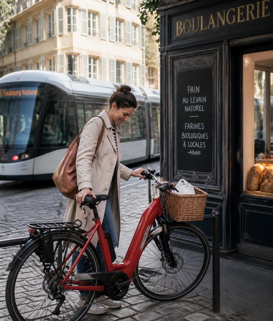 Straßburger Anwohnerin stellt ihr rotes E-Bike vor einer Boulangerie ab, dahinter fährt eine Tram