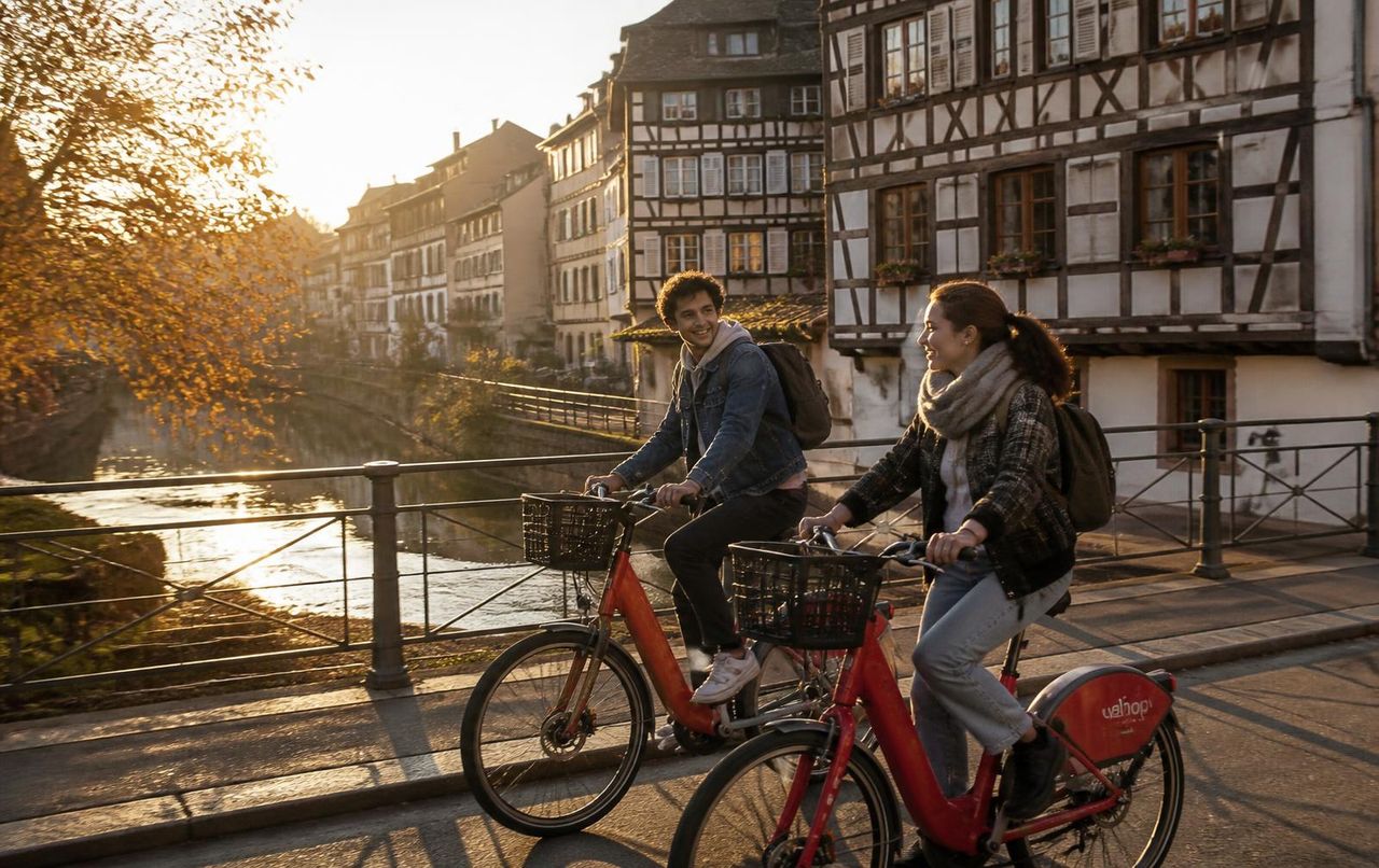 Zwei Studierende auf roten E-Bikes vor den Fachwerkhäusern der Petite France in Straßburg