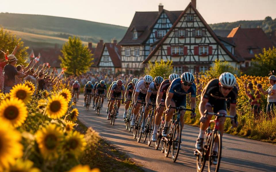 Radrennfeld in einem elsässischen Dorf im Abendlicht