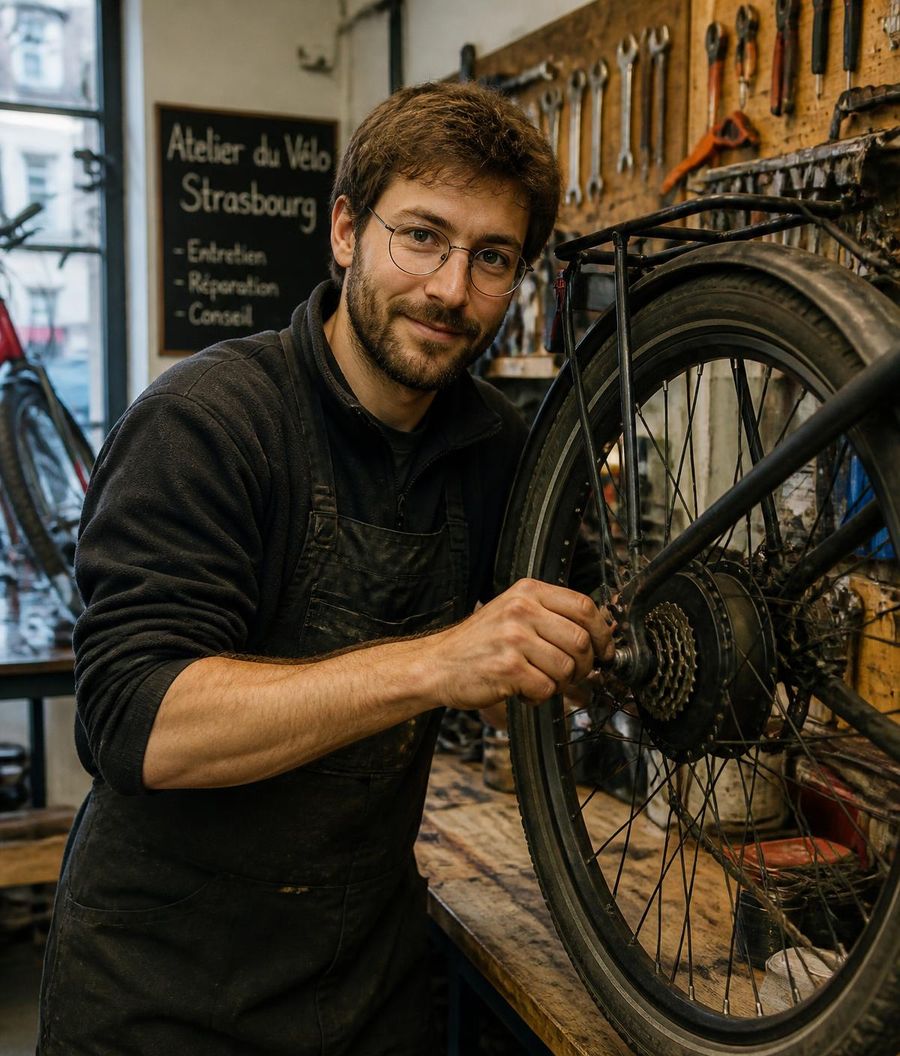 VéloRouge-Mechaniker repariert ein E-Bike-Laufrad in der Straßburger Werkstatt